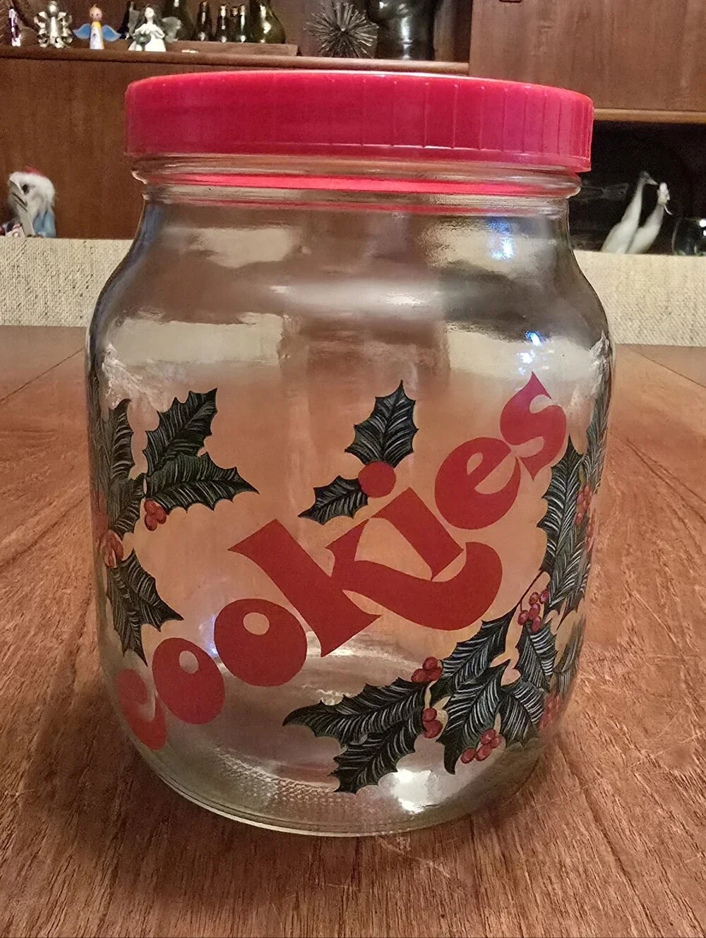 Groovy Vintage Holly Berries Christmas Cookie Jar with Red Lid
